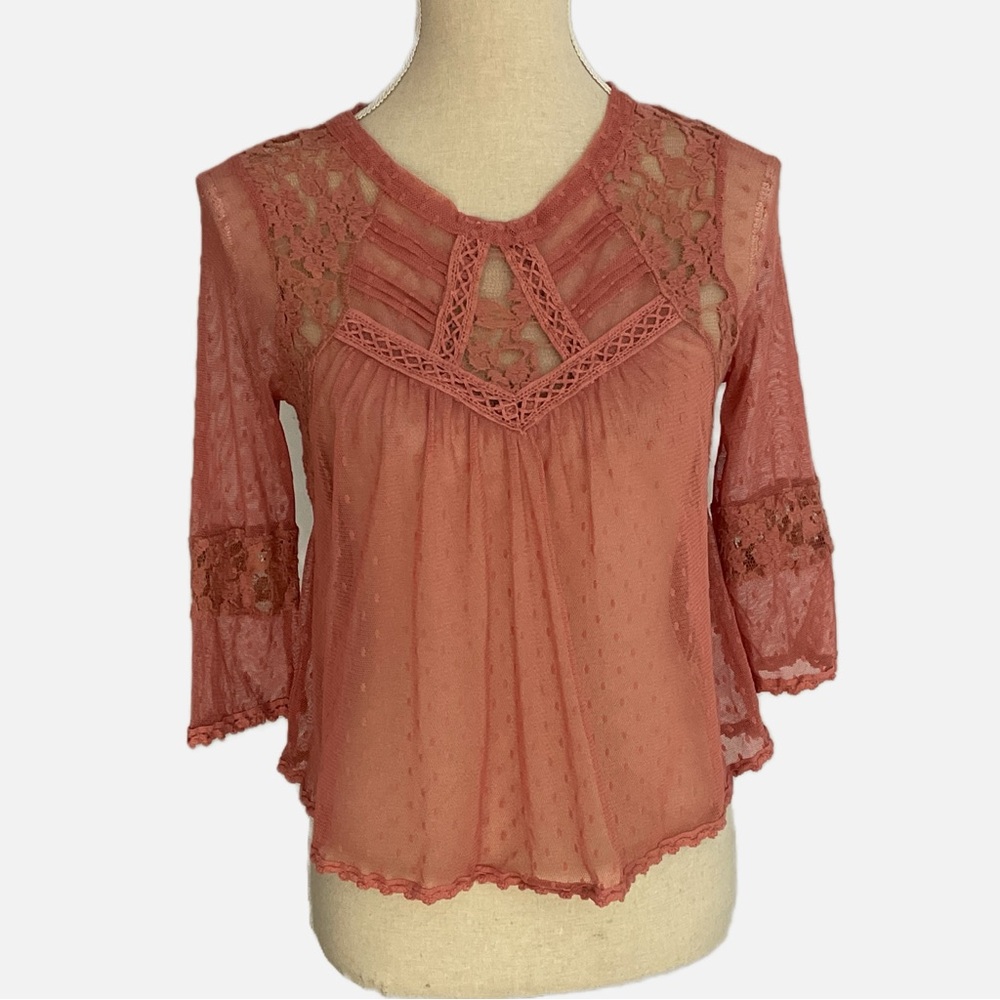Free People Mesh Lace Bohemian Victorian Blouse Top Small‎ Dusty Rose Romantic